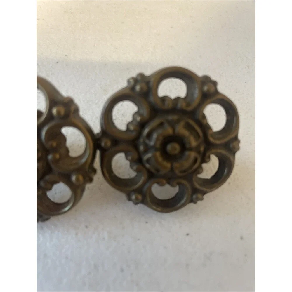 Vintage Ornate Brass Floral Cabinet Knobs Pair 1.5 Inches Pierced Filigree
